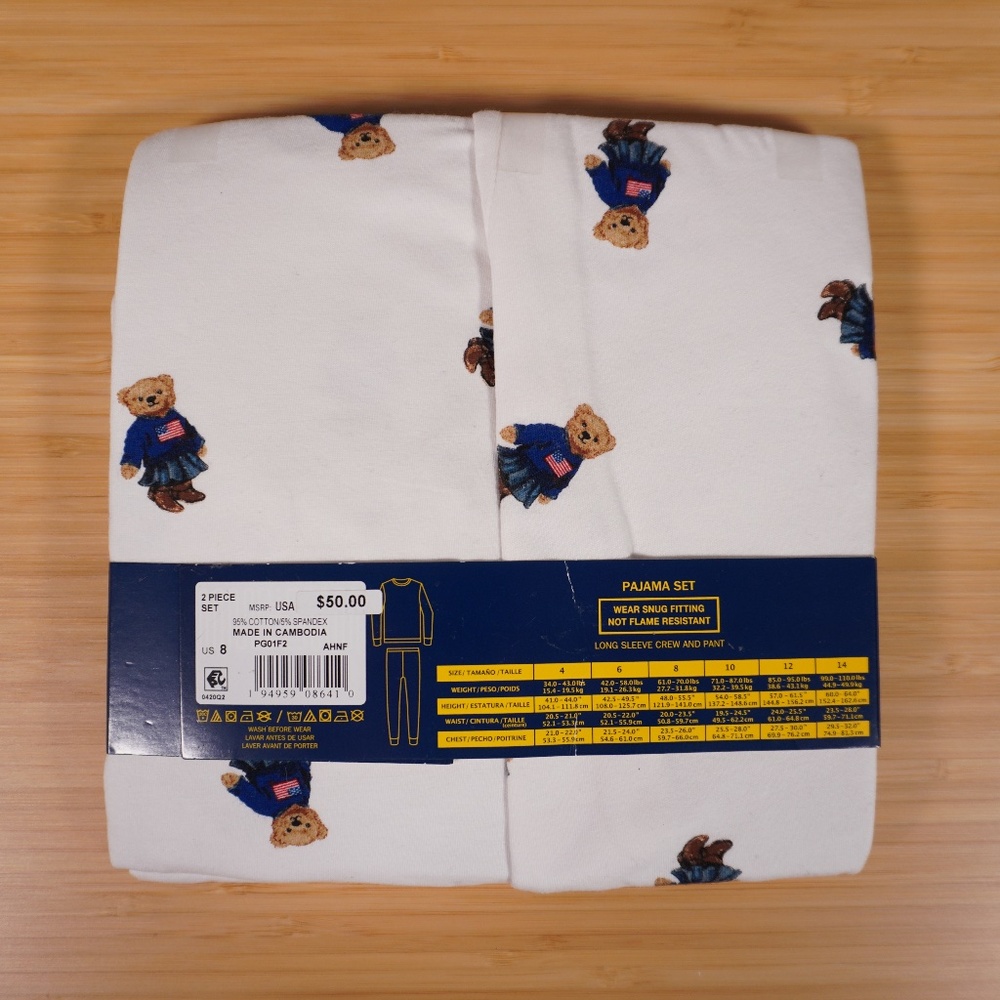 Polo Ralph Lauren Girl Bear Pajama Set White Cotton Size 8 Brand New - Picture 7 of 9